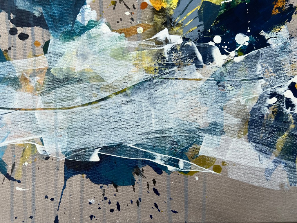 Section of blue and white paint with splashes of colour and ink on canvas